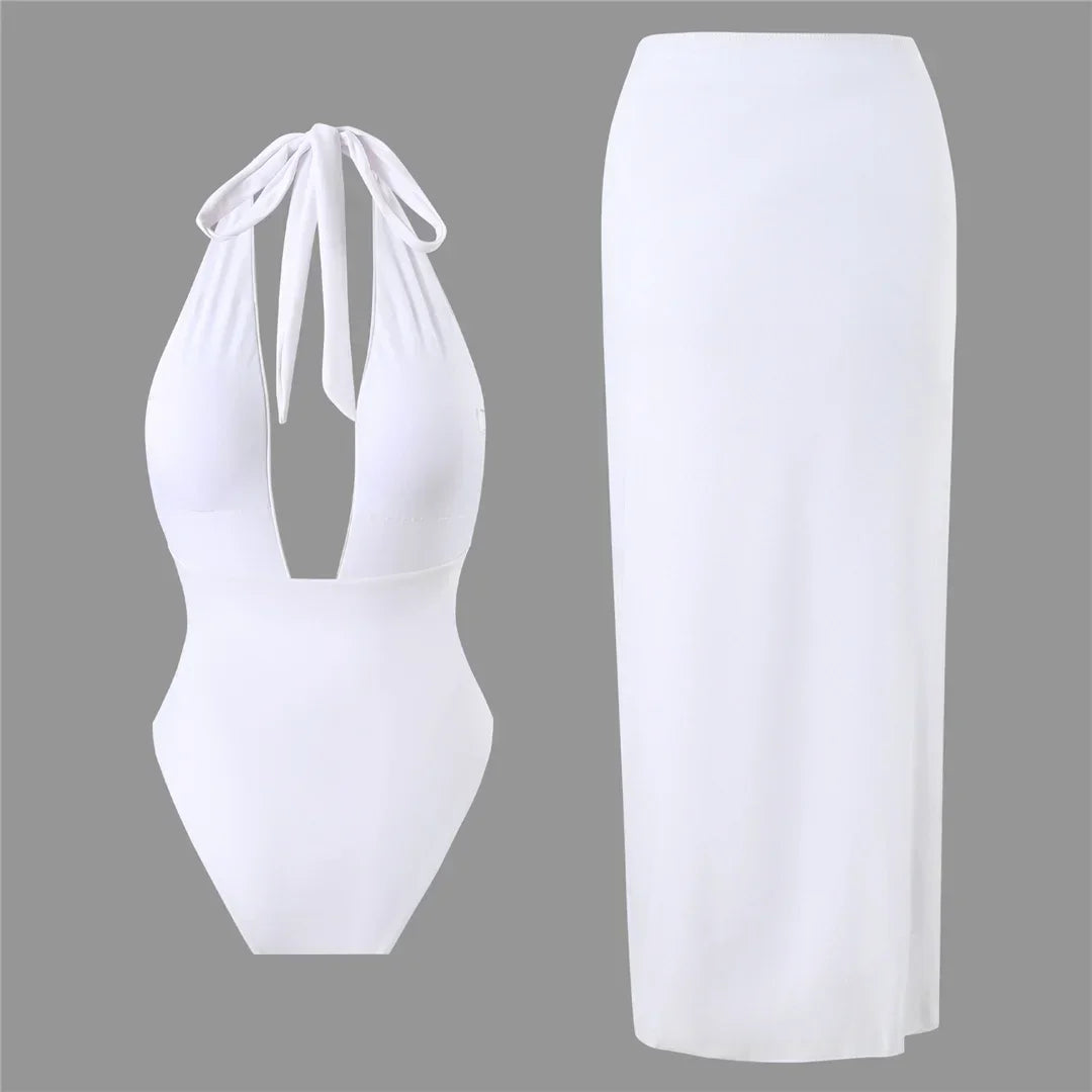 Deep V-Neck One-Piece Swimsuit with Skirt - Piña Colada