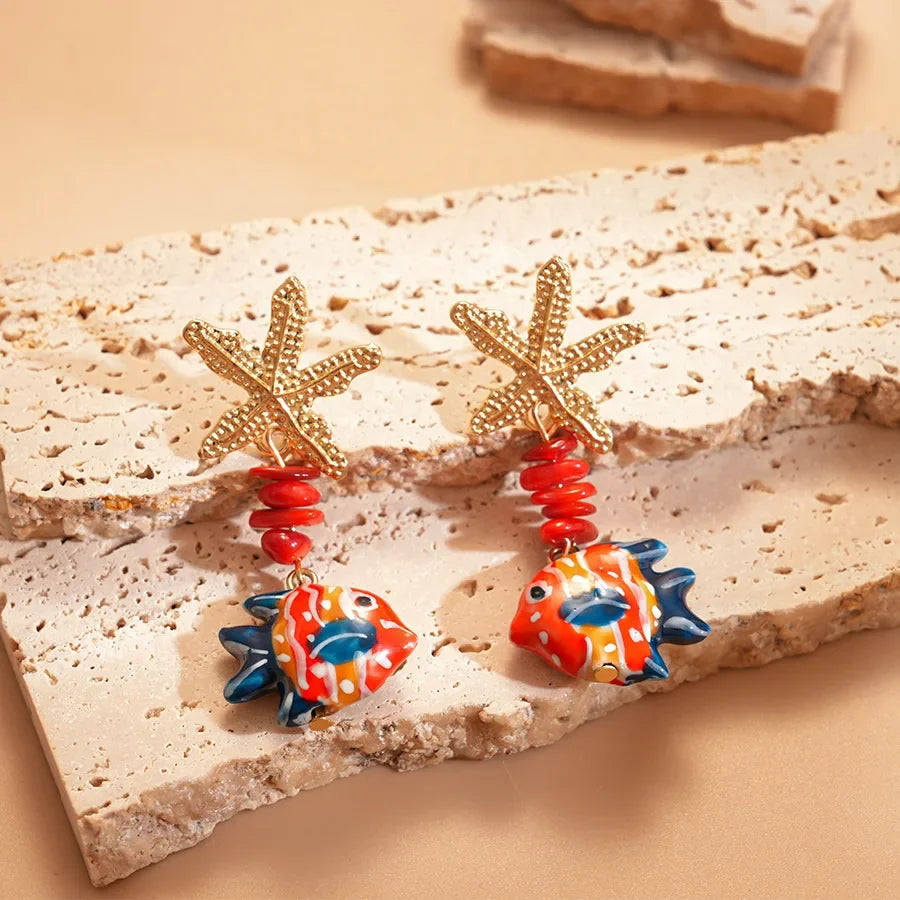 Colorful Fish Drop Earrings - Piña Colada