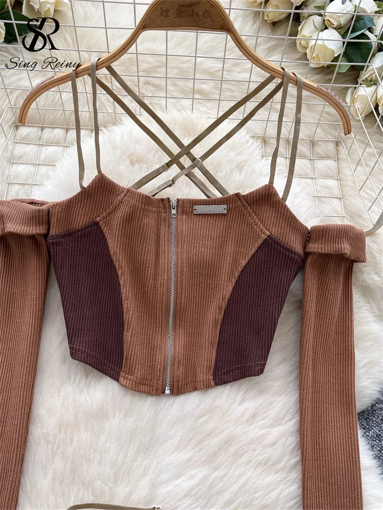 Two Piece Suits Off The Shoulder Zipper Crop Top - Piña Colada