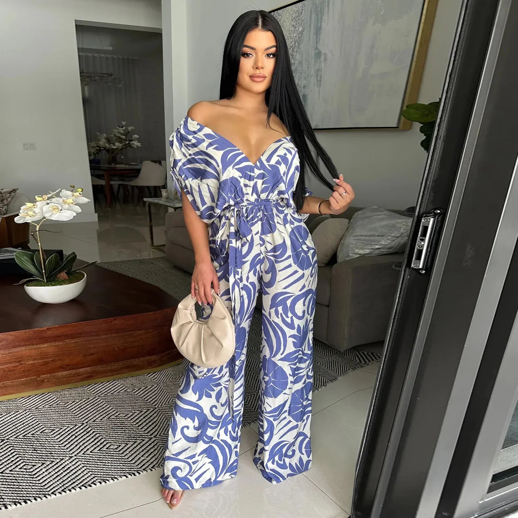 Women Leaf Printed Vintage Short Sleeve Wide Leg Jumpsuits - Piña Colada