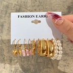 Modyle Geometric Pearl Hoop Earrings Set - Piña Colada