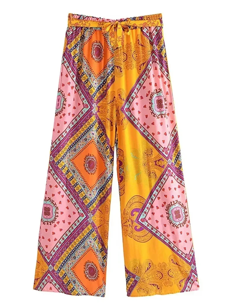 Floral Print Bohemian Wide Leg Pant - Piña Colada