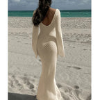 Knitting Hollow Out V-Neck Long Sleeve Dress - Piña Colada