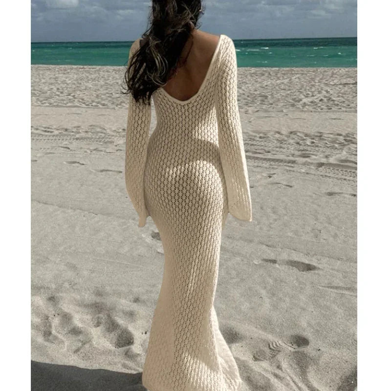 Knitting Hollow Out V-Neck Long Sleeve Dress - Piña Colada