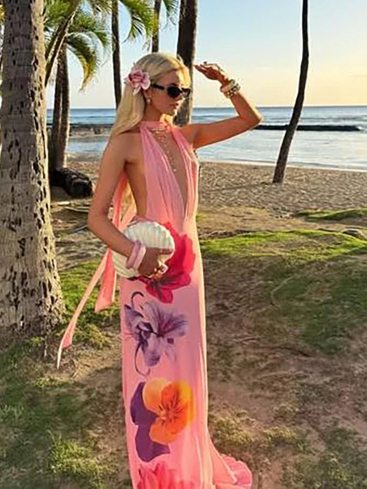 Flower Print Dress Women Backless - Piña Colada
