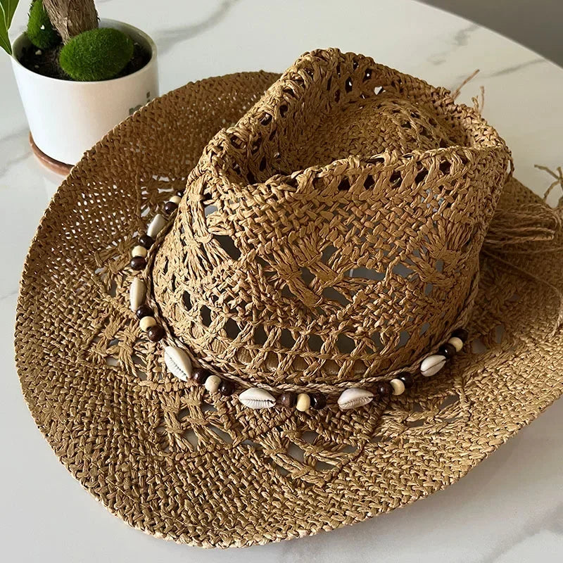 Summer Bohemian Shell Straw Hat - Piña Colada