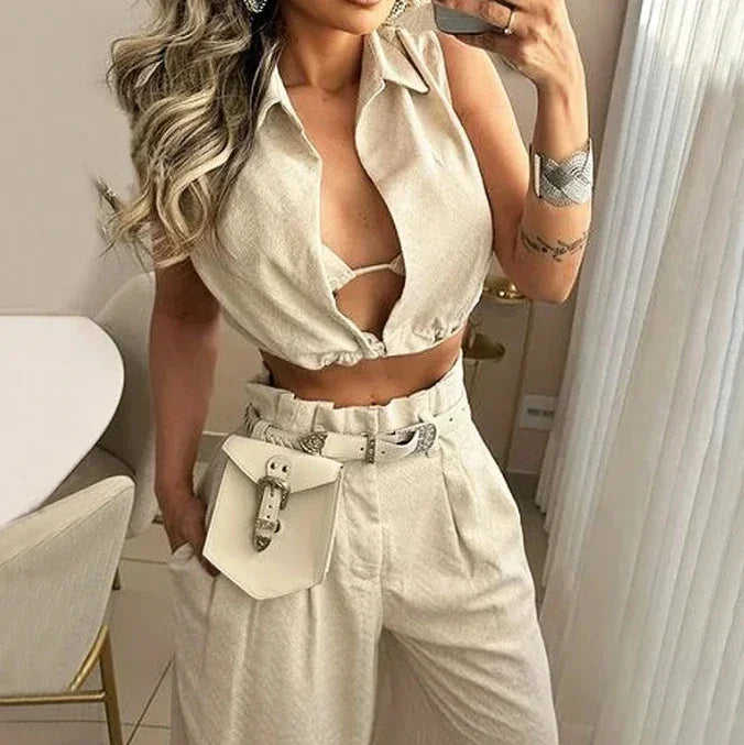 FANAN High Street V-Neck Two-Piece Cargo Set – Spring Style for Trendsetters - Piña Colada