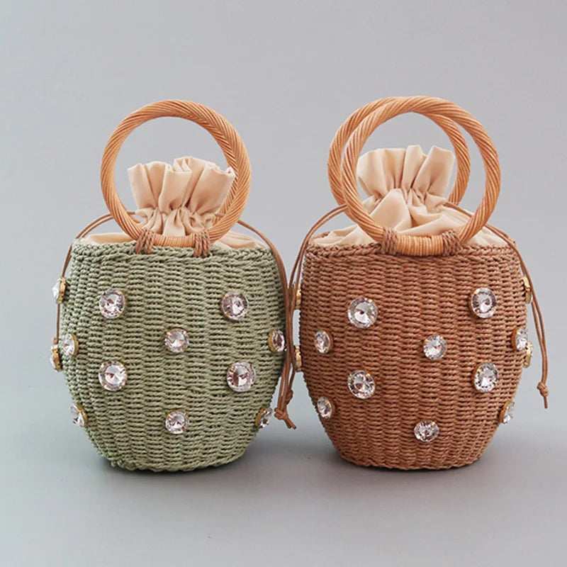 Embellished Straw Bucket Bag