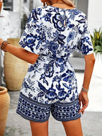Plant Print V-Neck Jumpsuit - Piña Colada