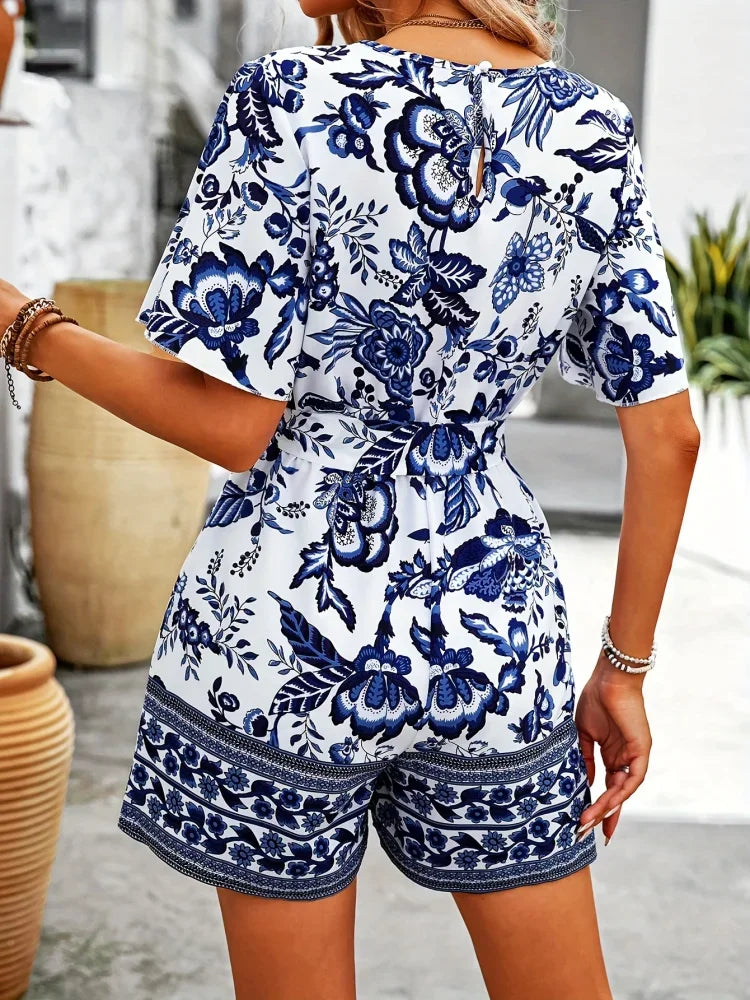 Plant Print V-Neck Jumpsuit - Piña Colada