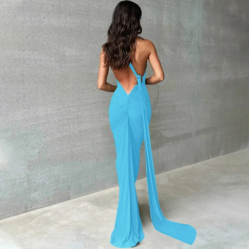 One Shoulder Backless Adjustable Scarf Maxi Dress - Piña Colada