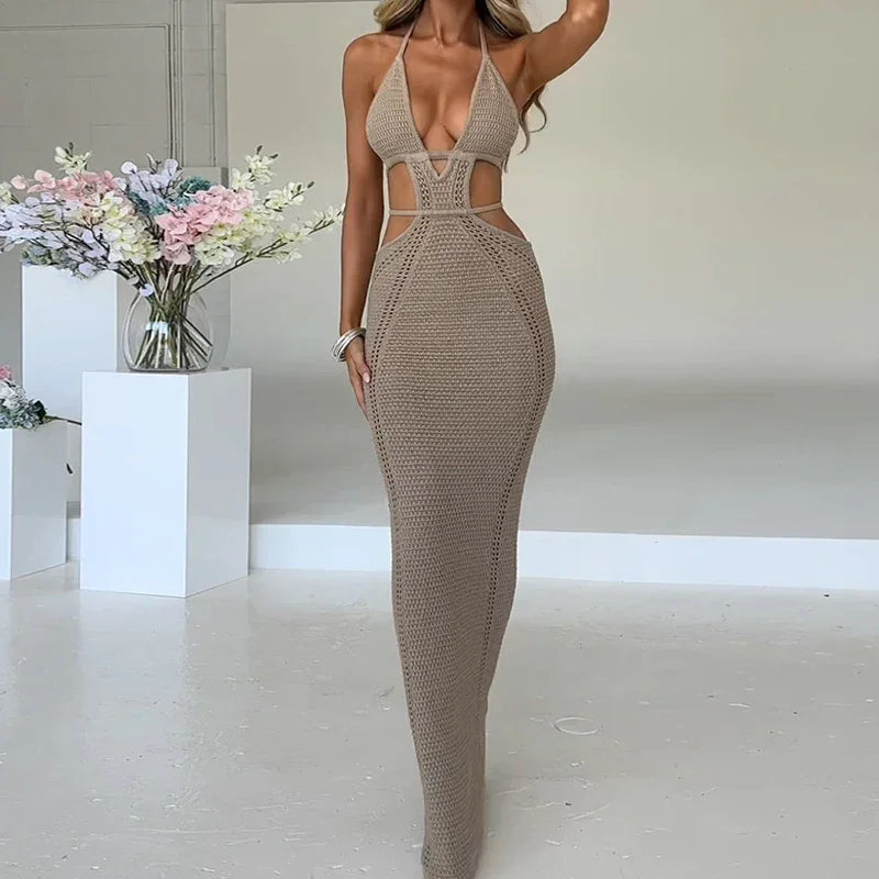 Backless Hollow-Out Knit Cover-Up Dress – Beach Vacation Style - Piña Colada