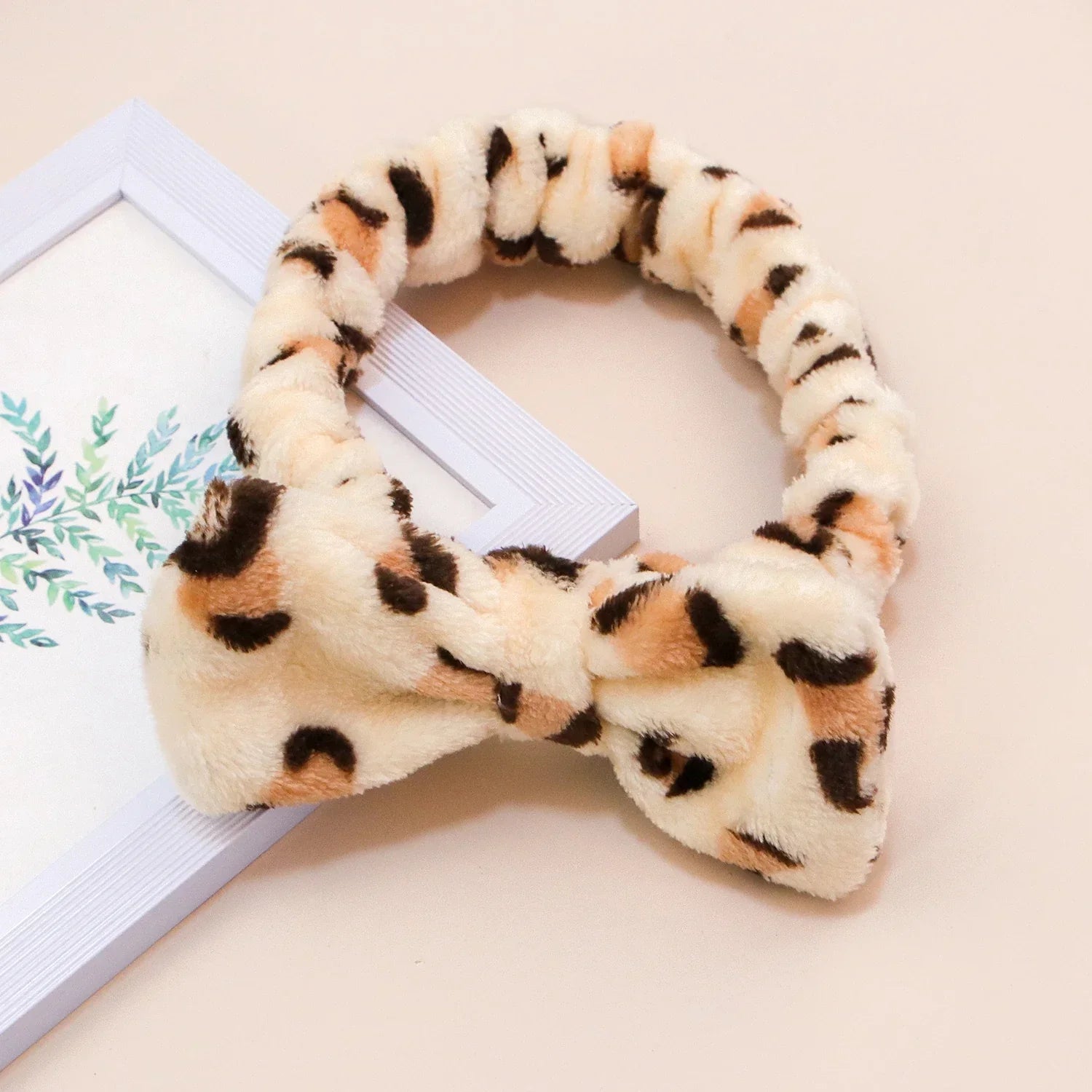Leopard Bow Coral Fleece Spa Headband - Piña Colada