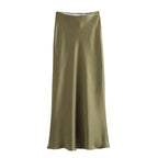 Elegant Satin Midi Skirt – Office Chic Mid-Calf Silhouette - Piña Colada