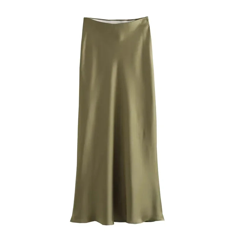 Elegant Satin Midi Skirt – Office Chic Mid-Calf Silhouette - Piña Colada