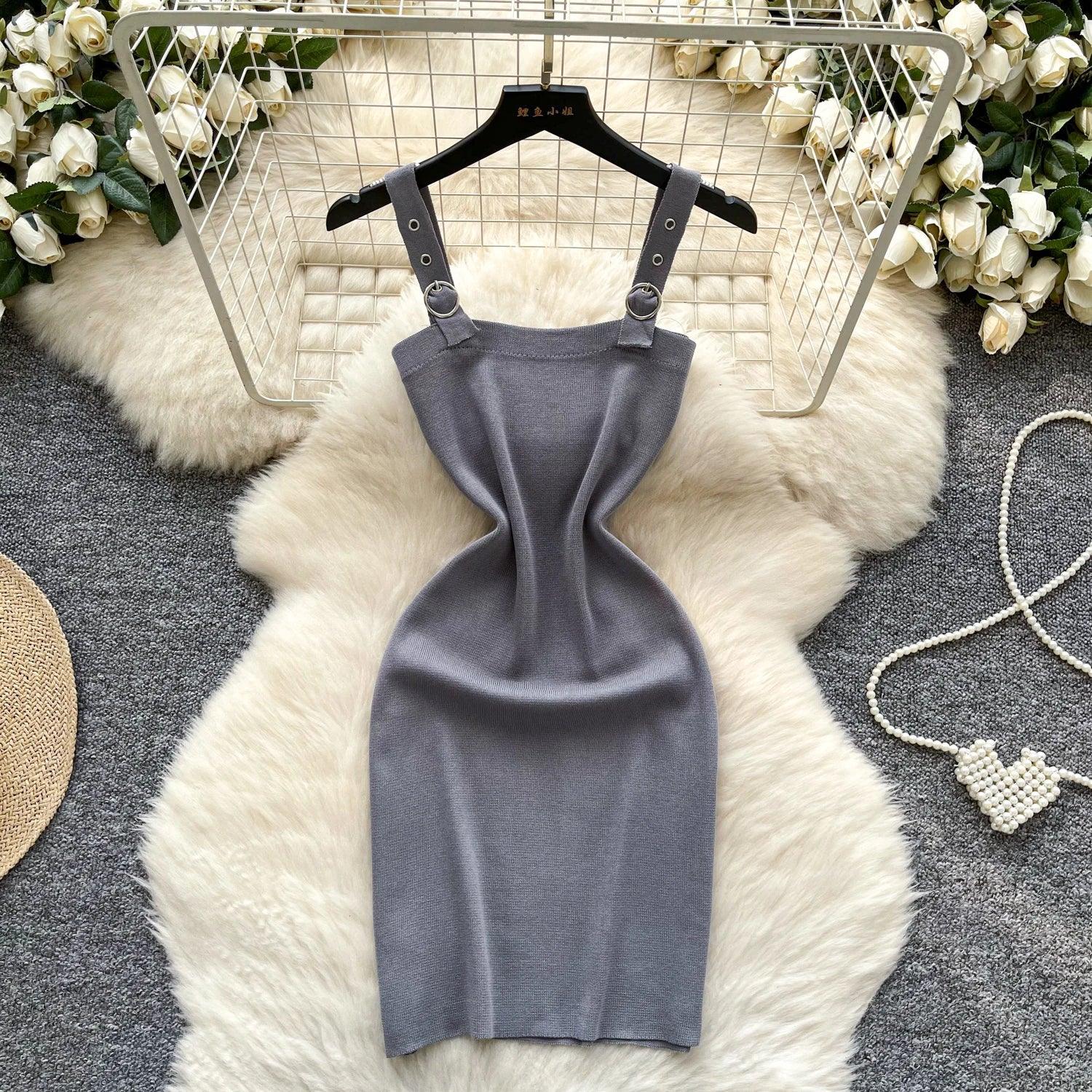 Abebey Sexy Slim Knit Mini Dress – Square Neck Spaghetti Strap - Piña Colada