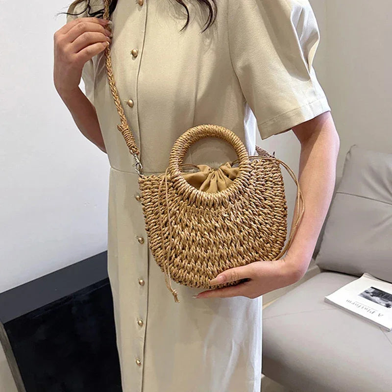 Straw Rattan Half-Moon Beach Handbag - Piña Colada