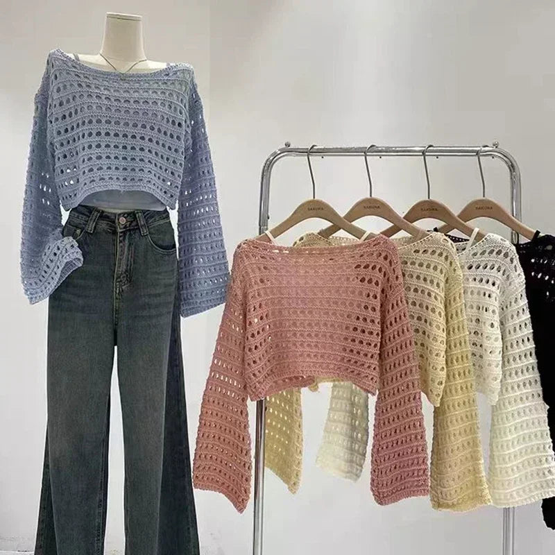 Boho Crochet Hollow-Out Knit Top – Y2K Style Long Sleeve Pullover - Piña Colada