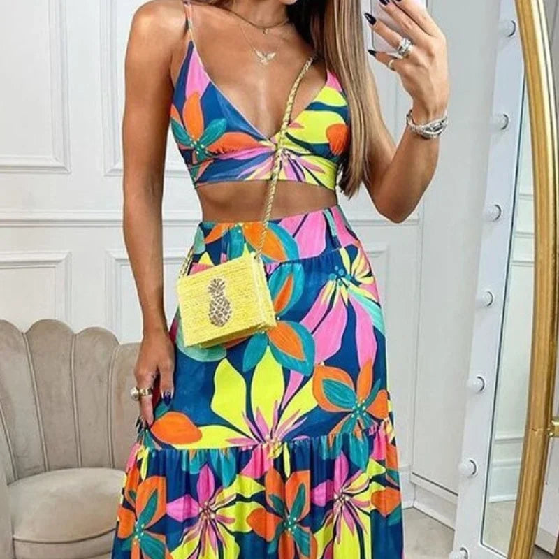 Printed Crop Top & Long Skirt Set - Piña Colada