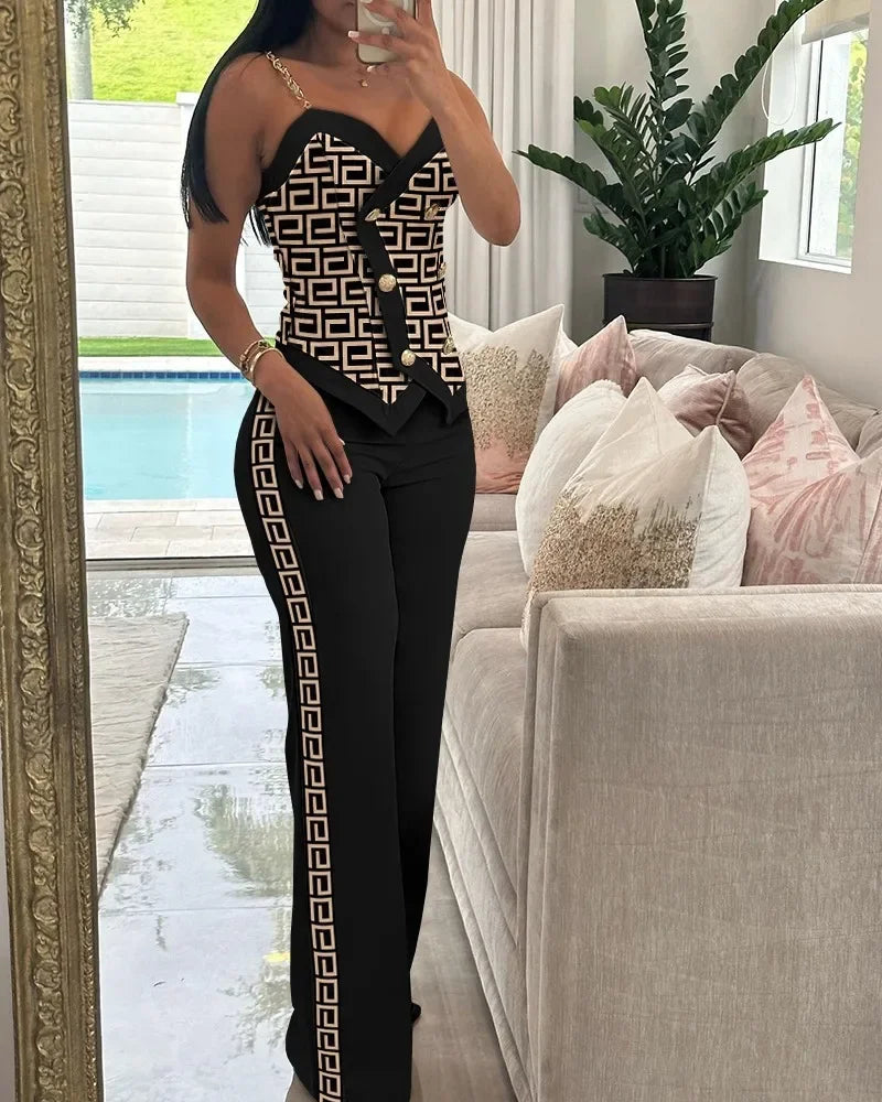 Geometric Print Sleeveless V-Neck Top & Pants Set - Piña Colada