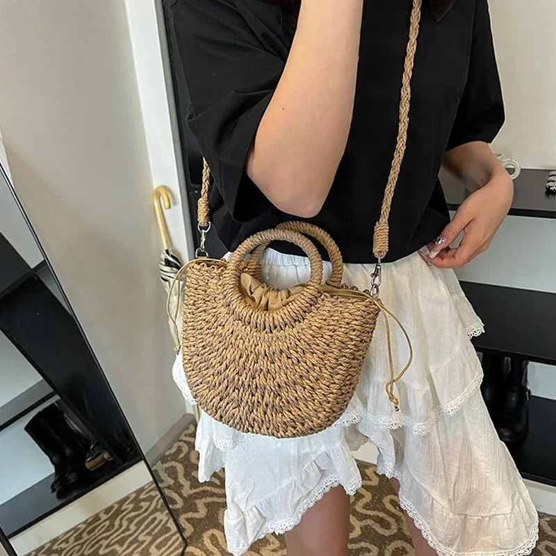 Boho Rattan Half-Moon Crossbody Bag – Handwoven Summer Straw Shoulder Purse - Piña Colada