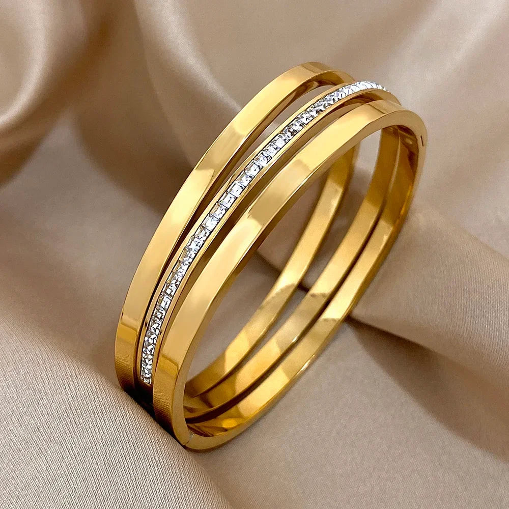 3pcs Glossy Rhinestone Stainless Steel Bangle - Piña Colada