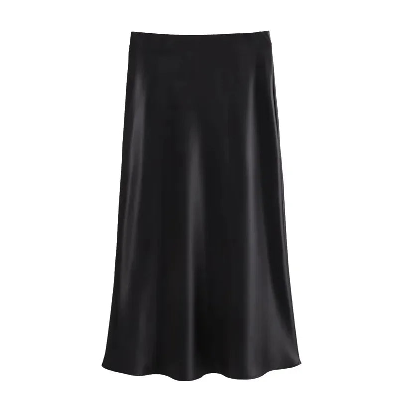 Elegant Satin Midi Skirt – Office Chic Mid-Calf Silhouette - Piña Colada