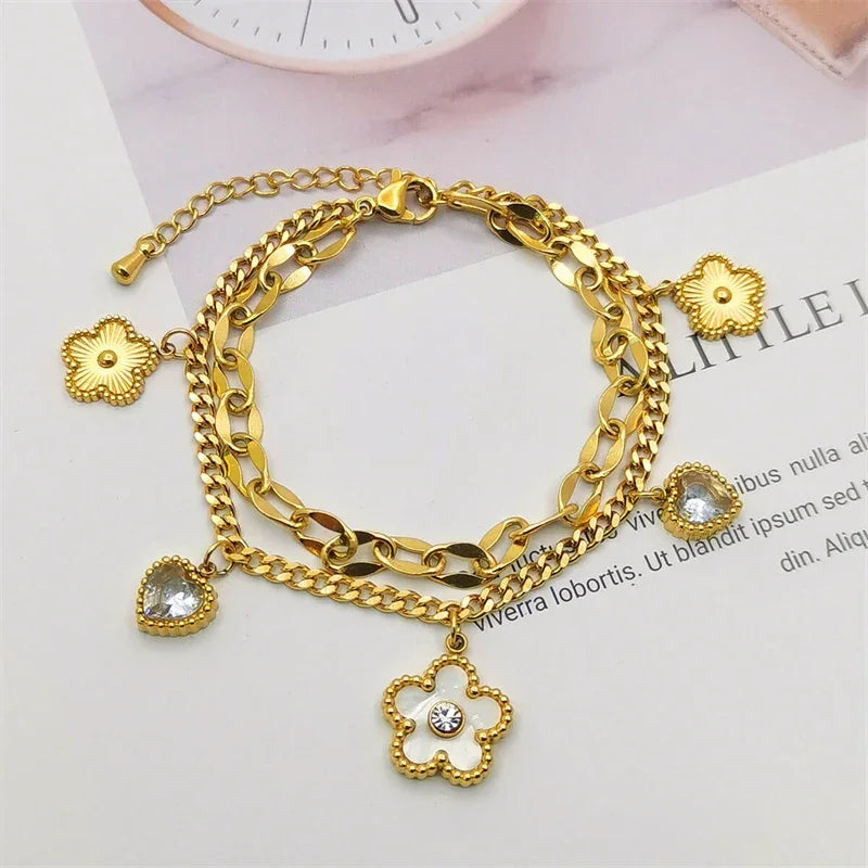 Stainless Steel 2025 New Fashion Jewelry Zircon Seashell Heart Flowers Charm - Piña Colada