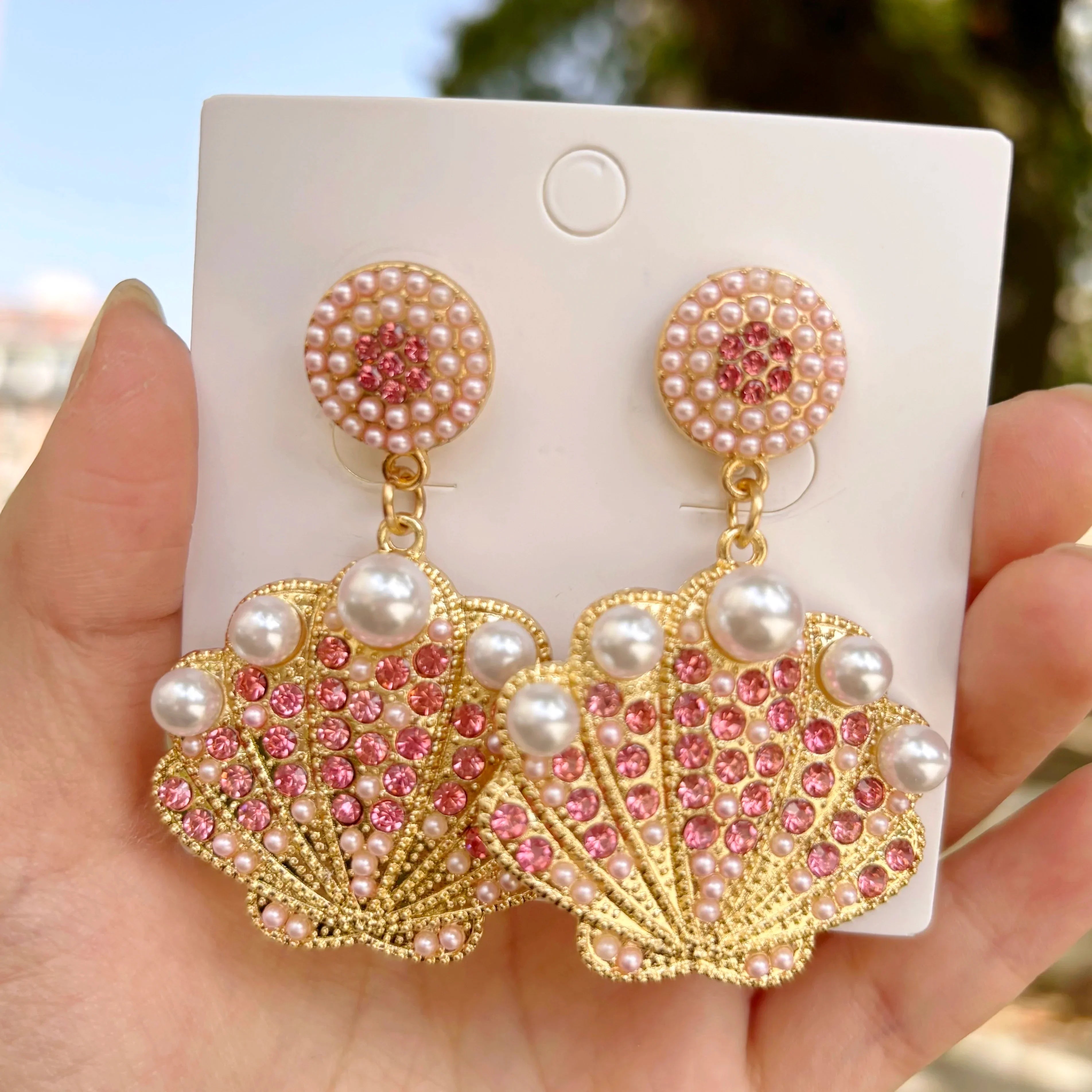 Bling Faux Pearl Shell Drop Earrings - Piña Colada