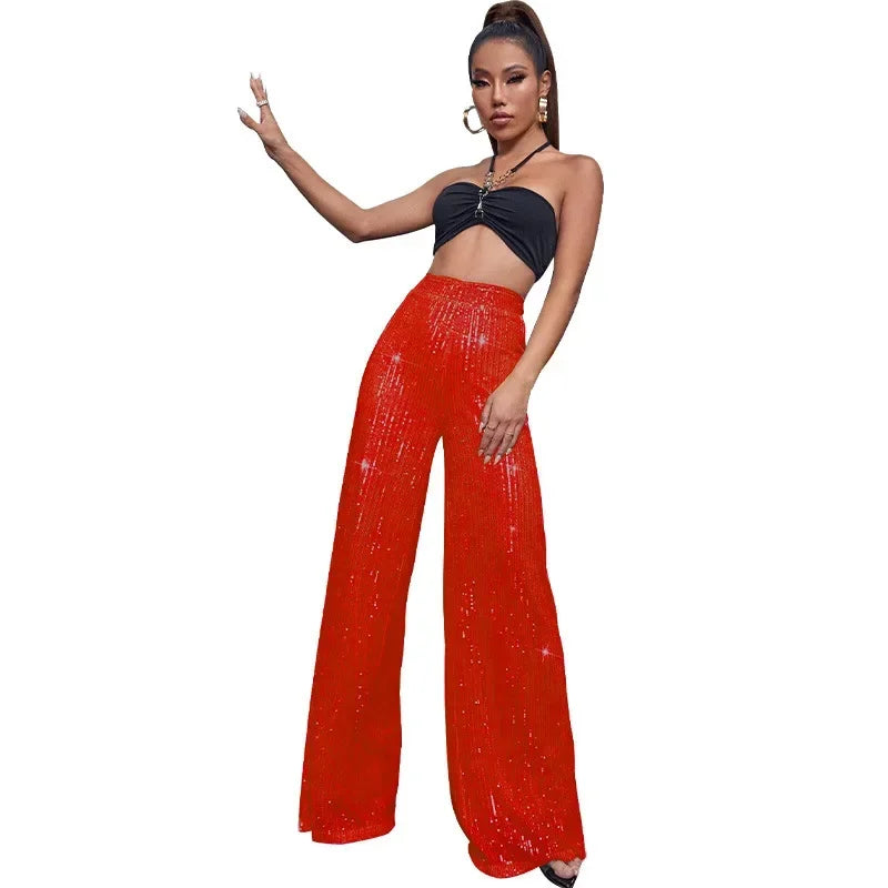 High Waist Loose Sequin Wide Leg Pants - Piña Colada