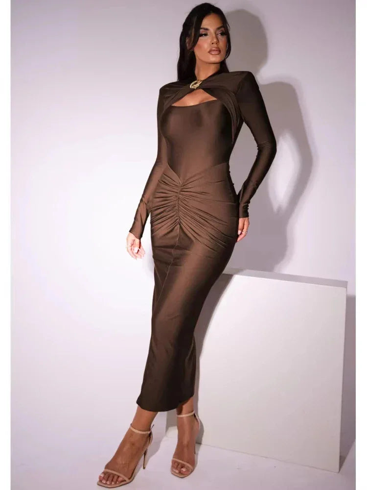 Elegant Long Sleeved Elastic Tight Long Dress - Piña Colada