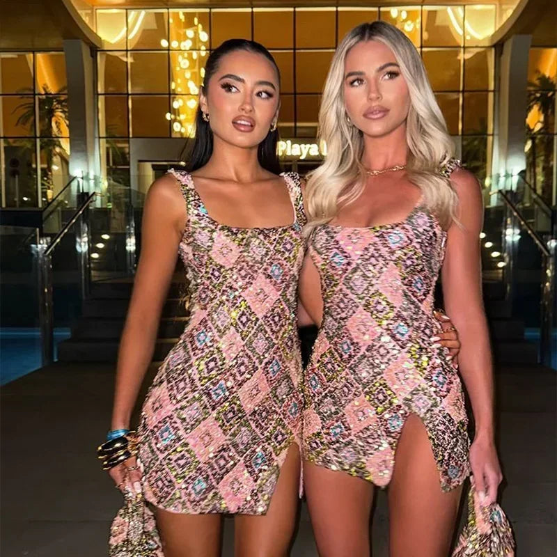 Sequin Square Neck Mini Dress - Piña Colada