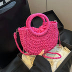 Boho Rattan Half-Moon Crossbody Bag – Handwoven Summer Straw Shoulder Purse - Piña Colada