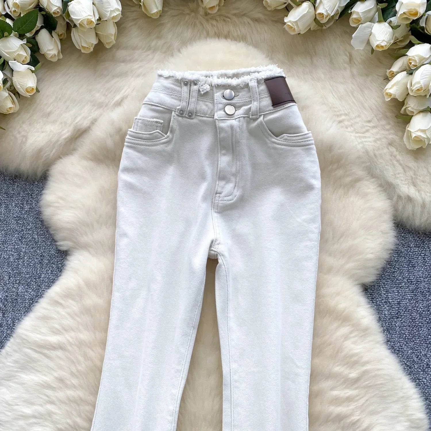High-Waisted Flared Denim Pants with Faux Zippers – Streetwear Style - Piña Colada