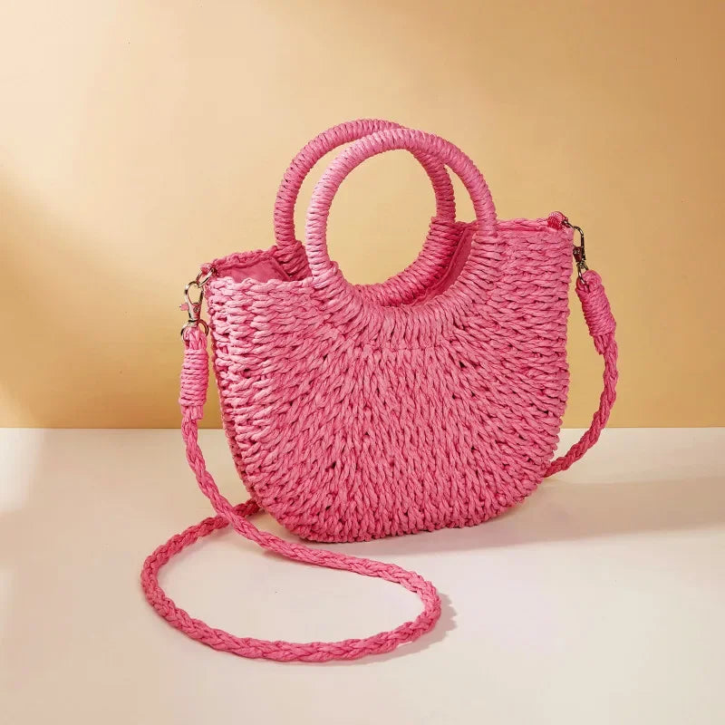 Straw Rattan Half-Moon Beach Handbag - Piña Colada