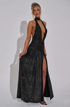 Mozision Sequin V-Neck Floor-Length Dress – Sexy & Club Evening Gown - Piña Colada