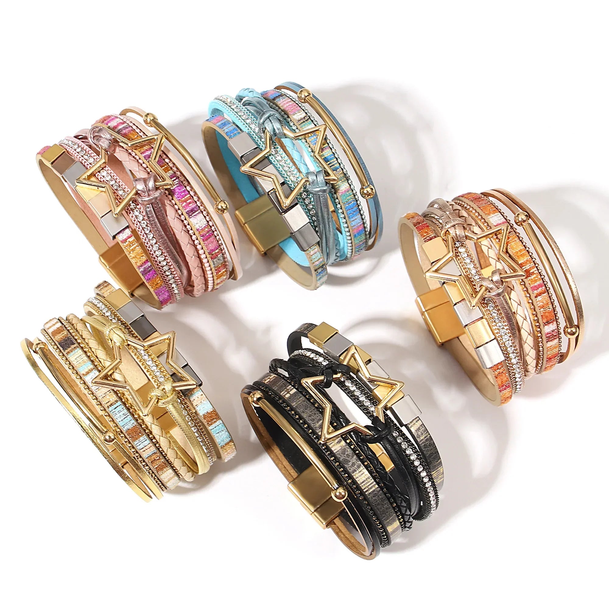 Hollow Star Weave Leather Bracelet - Piña Colada
