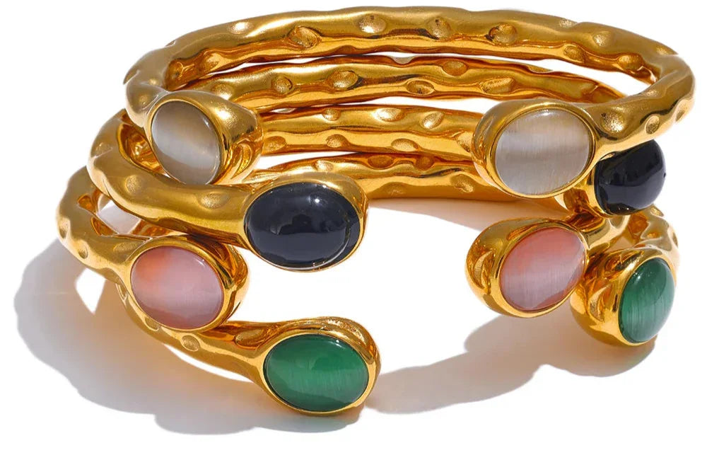 Stainless Steel Multicolored Stone Golden Cuff - Piña Colada