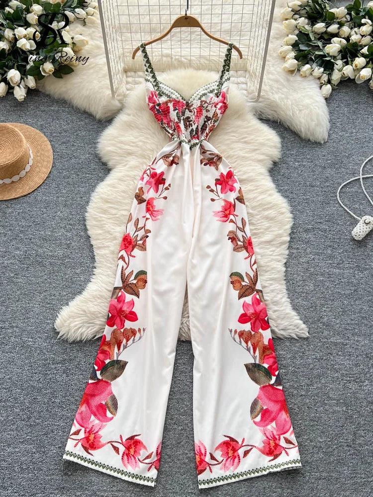 Vintage Printed Jumpsuit for Women – Full-Length Summer Romper with Mid Waist - Piña Colada