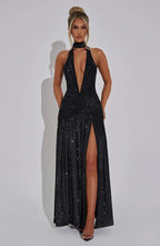 Mozision Sequin V-Neck Floor-Length Dress – Sexy & Club Evening Gown - Piña Colada