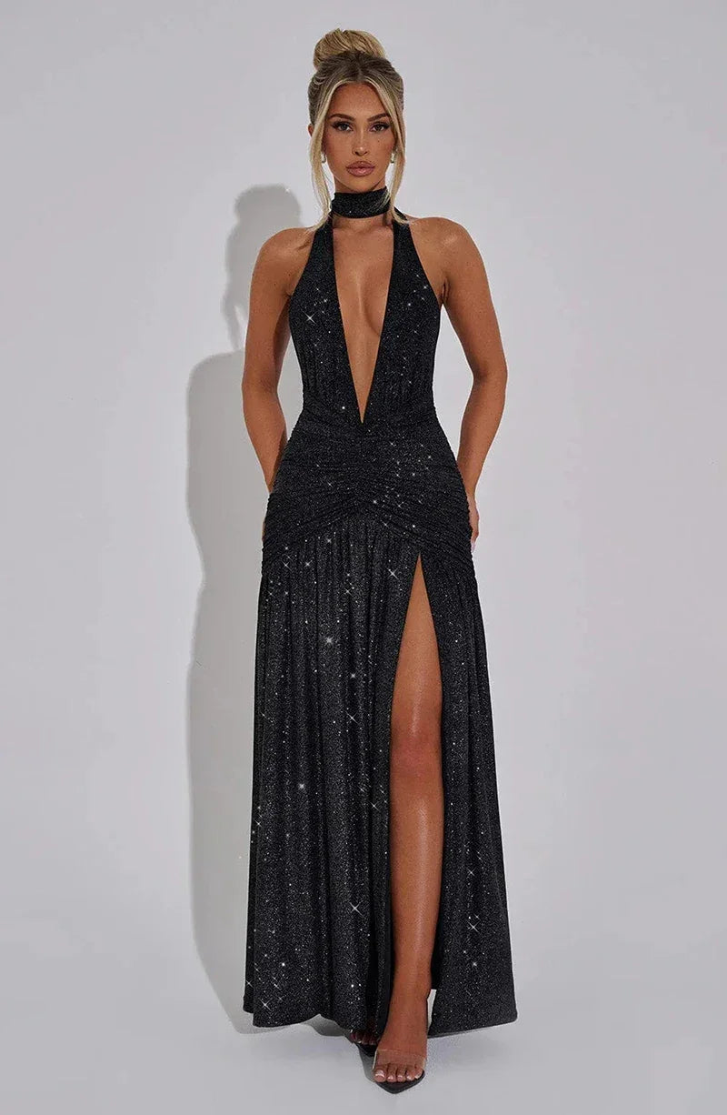 Mozision Sequin V-Neck Floor-Length Dress – Sexy & Club Evening Gown - Piña Colada