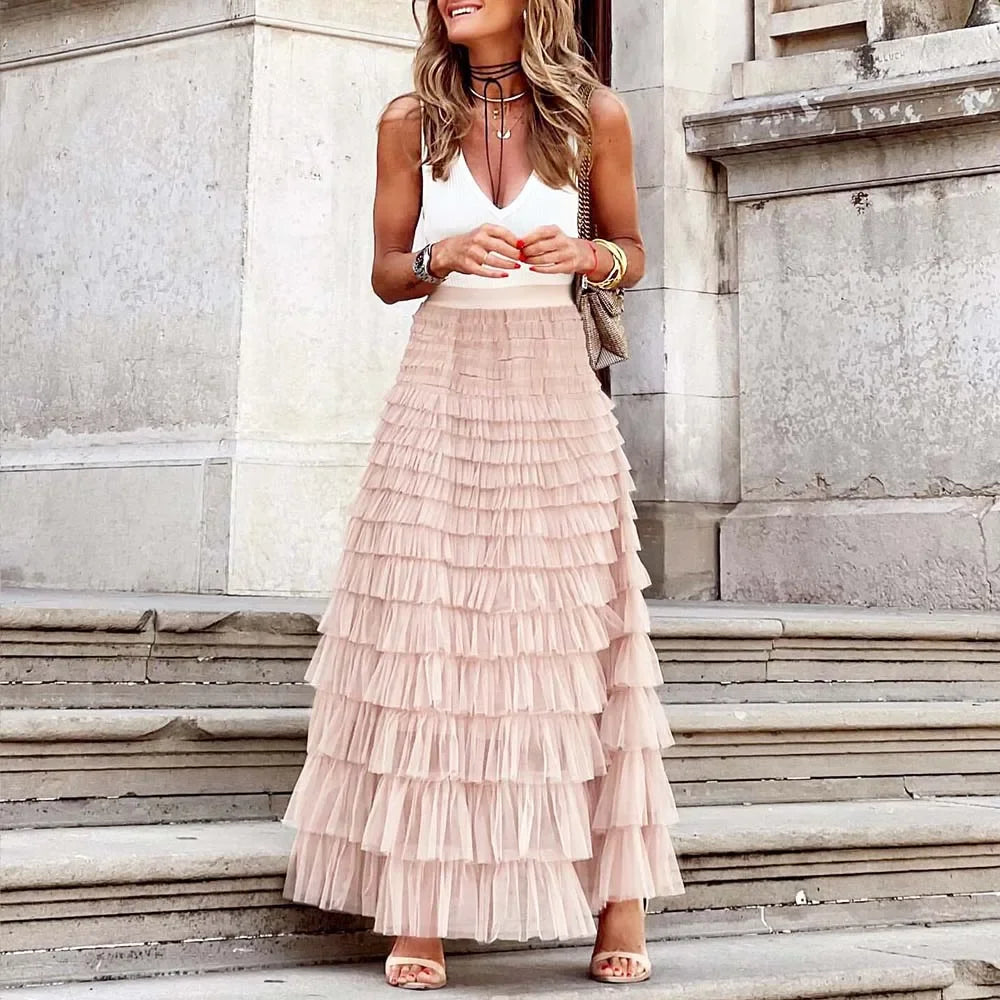 Long Skirt Tulle High Waist Pleated - Piña Colada