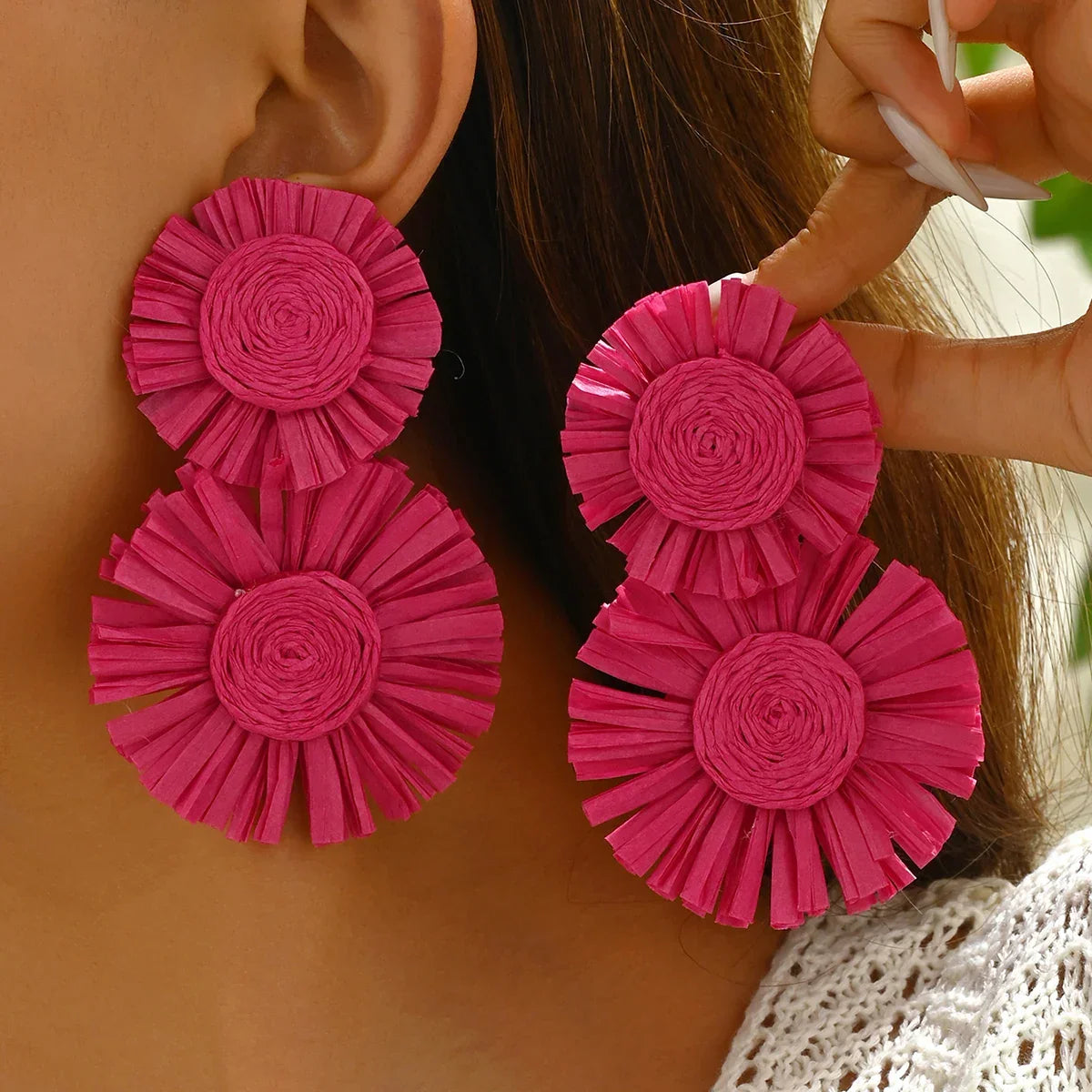 Sunflower Bohemian Hand-Woven Raffia Earrings - Piña Colada