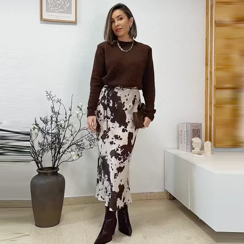 Satin Long Skirts Animal Print - Piña Colada