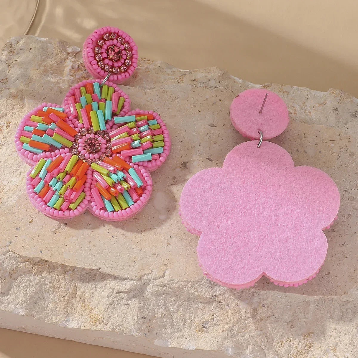 Bohemain Ethnic Handmade Pink Flower Seed Beads Earrings - Piña Colada