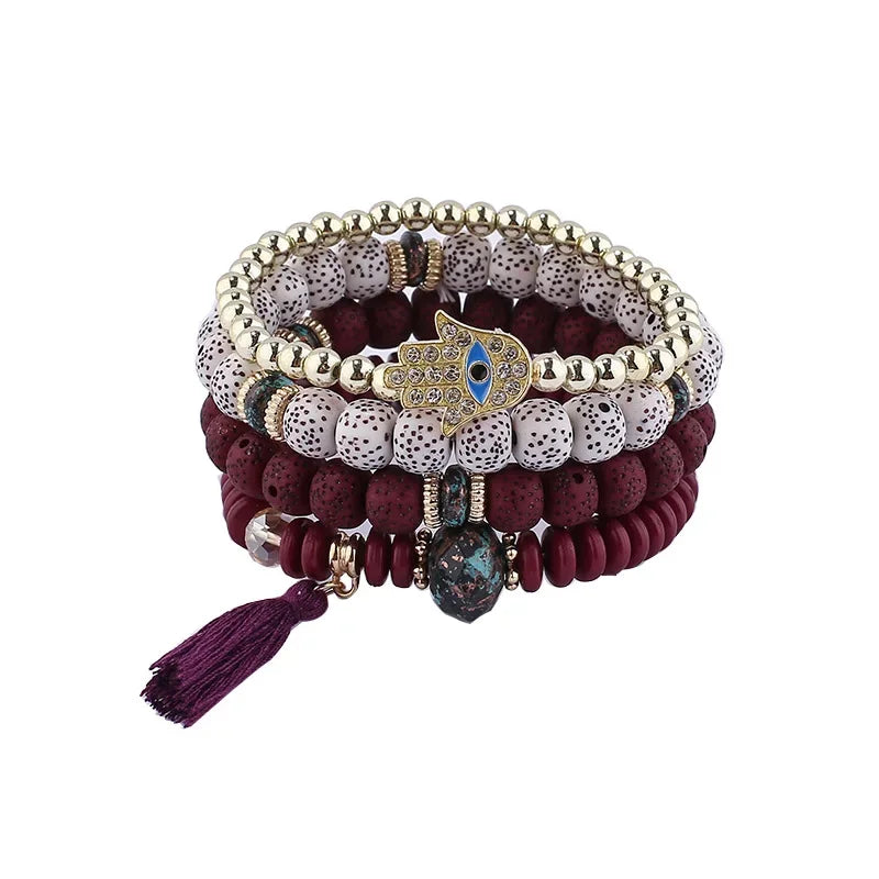 Bohemian Evil Eye Tassel Bracelet Set - Piña Colada