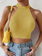 Backless Ribbed Knit Halter Crop Top – Slim Fit Casual Streetwear - Piña Colada