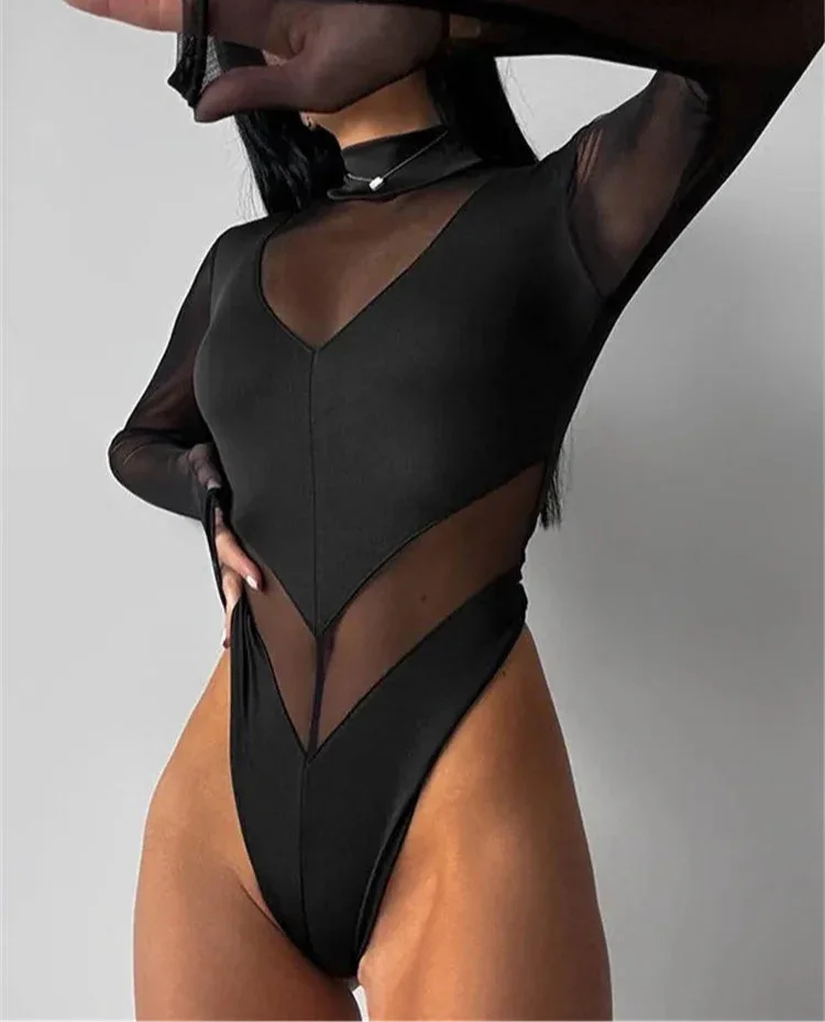 Black Patchwork Women Bodysuits
