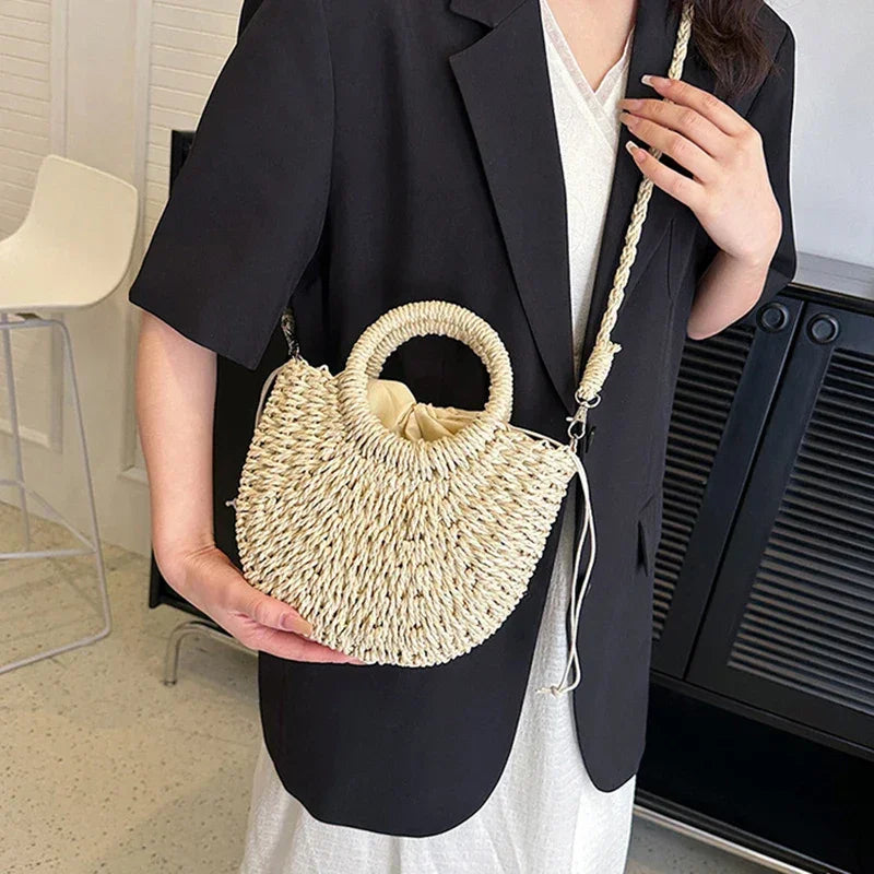 Straw Rattan Half-Moon Beach Handbag - Piña Colada