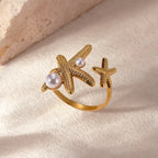 Gold Ocean Starfish & Shell Open Ring - Piña Colada